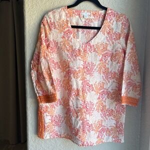 J. Jill Women XS Petite Tunic Top Coral Print Orange Pink Linen Blend Crochet